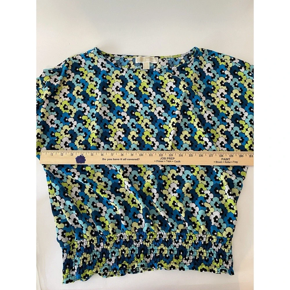 Michael Kors Short Sleeve Blouse Sz Large Smocked Hem Blue Teal Floral Designer